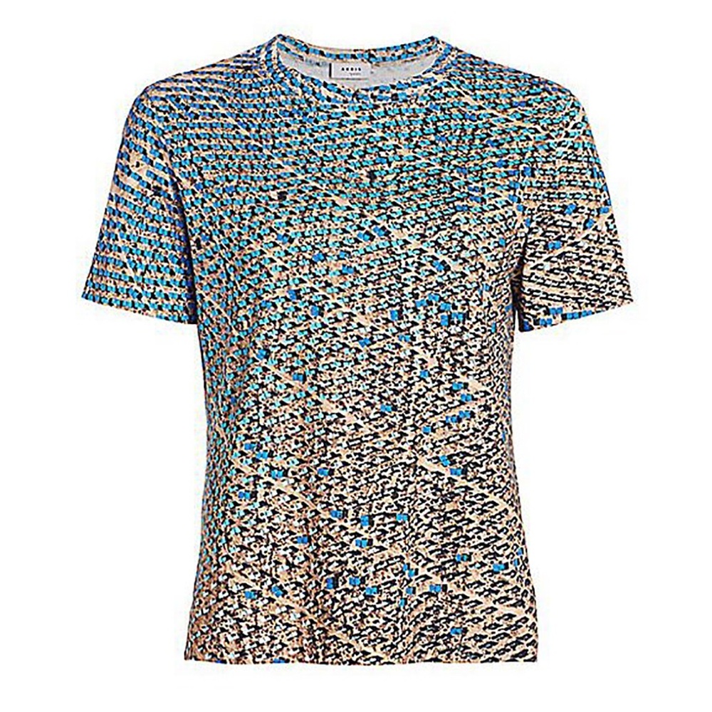 Akris Punto Solar Panel Plant Print Tee T Shirt Top Check Squares Tan Blue 8